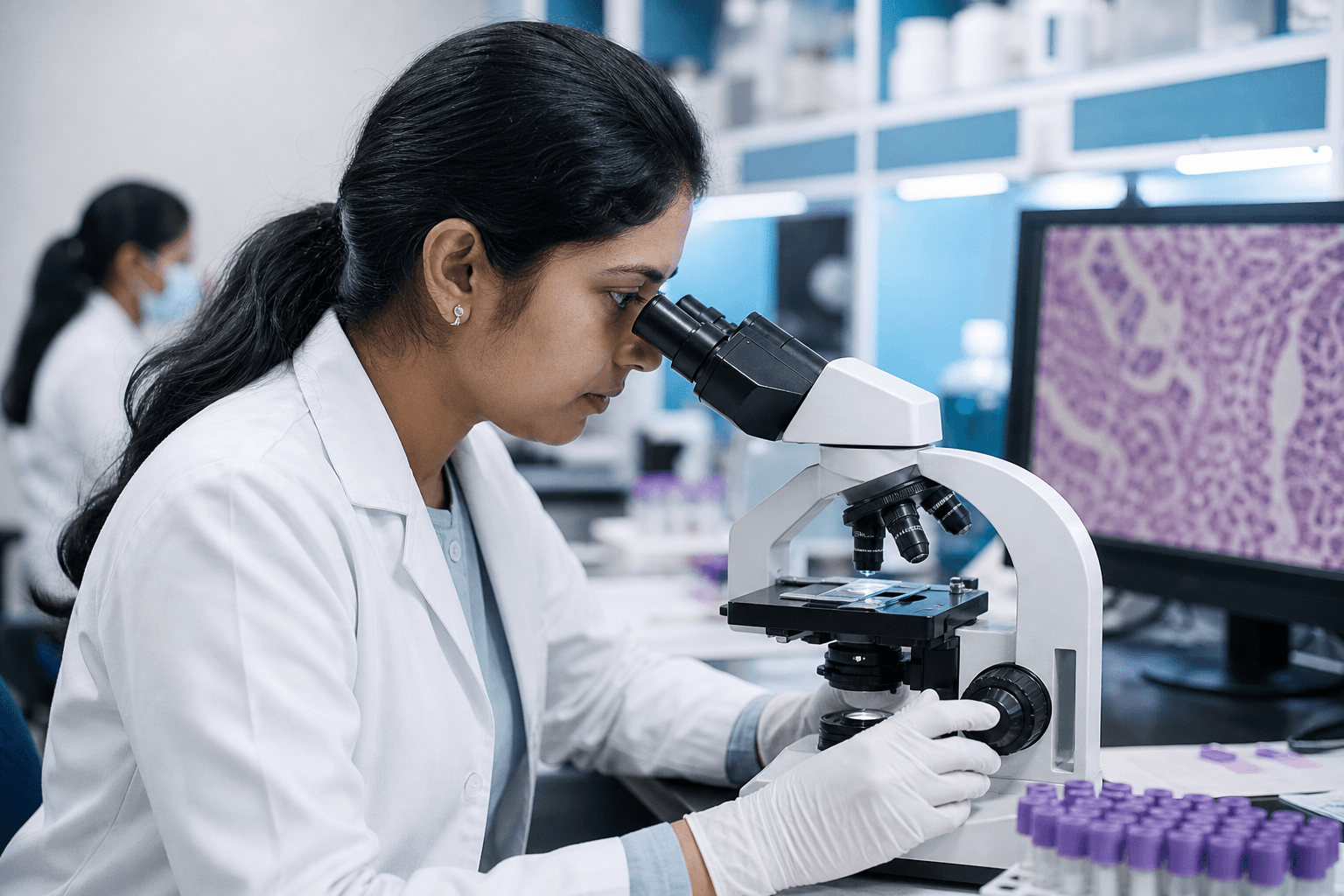 Scientist using microscope in research lab